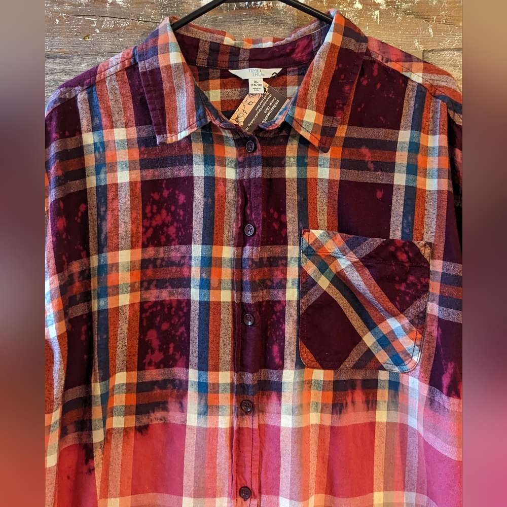 Sale! New Upcycled Handcrafted Dip Dyed Bleached Flannel Shirt With Floral Skull - Picture 11 of 16